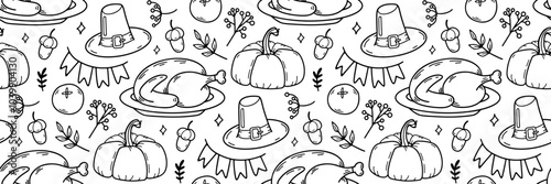 Happy Thanksgiving doodle pattern. Pumpkin, hat, garland of flags and turkey elements. Horizontal autumn background. Harvesting. For wallpaper, invitation. Vector hand drawn doodle illustration.
