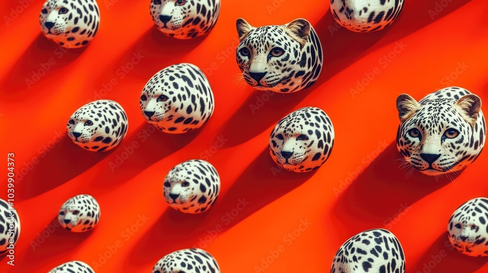 A pattern of leopard heads on an orange background. A pattern of leopard heads on an orange background.