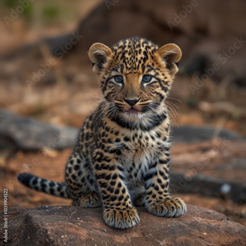 A young leopard cub sits on a rock, looking at the camera with a curious expression. Its fur is patterned with black spots and its eyes are a bright blue.