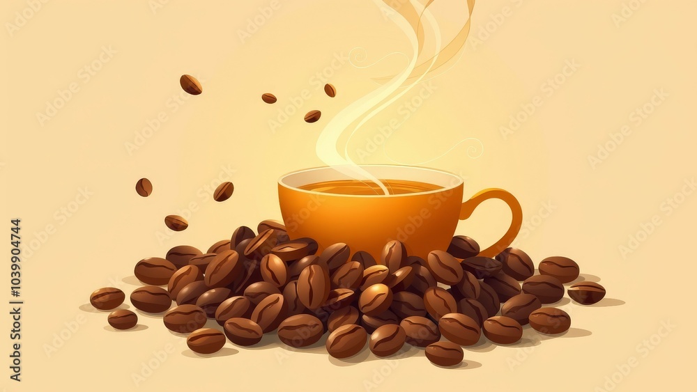 Obraz premium A steaming cup of coffee sits on a bed of beans.