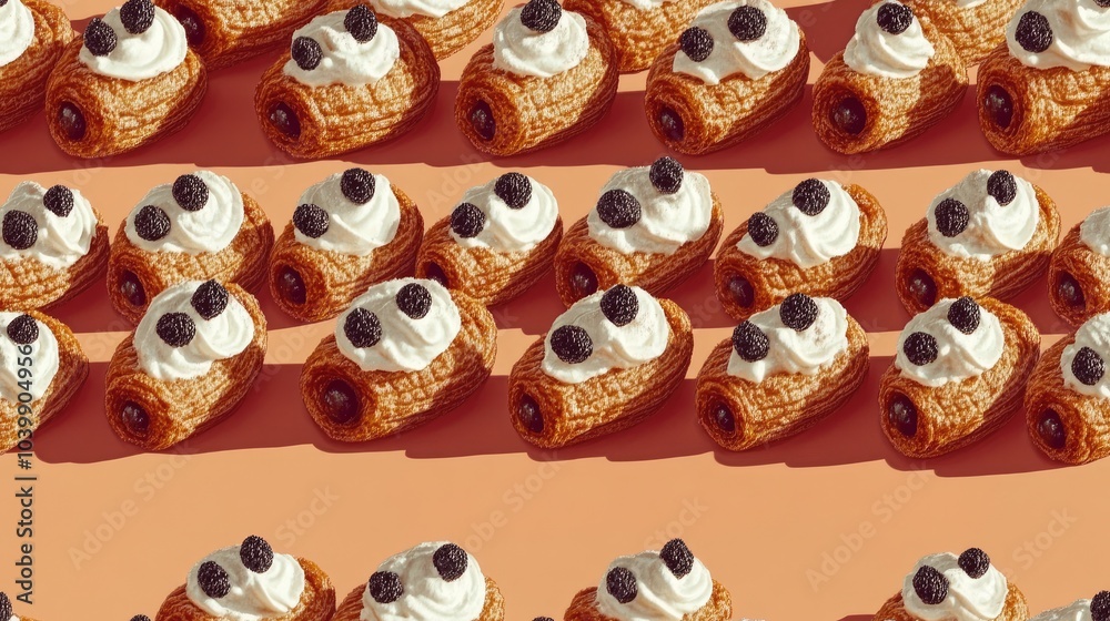 Fototapeta premium A pattern of mini pastries with whipped cream and blueberries on an orange background.
