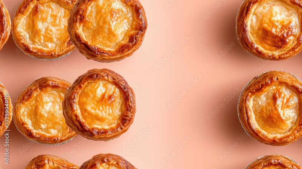 A pattern of mini pies on a pink background, arranged in two rows with empty space on the right. A pattern of mini pies on a pink background, arranged in two rows with empty space on the right.
