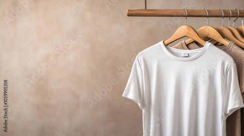 Row of neutral-toned clothing on wooden hangers against a soft beige background. Perfect for fashion, retail, and apparel-themed projects.
