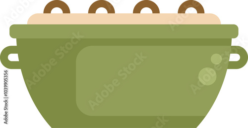 Green ceramic pot with handles holding dough for rising and baking, bakery utensil for cooking