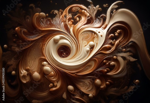 Swirling, abstract patterns of brown and white liquid with bubbles.