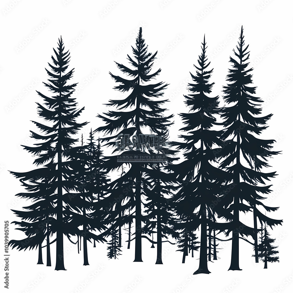 Obraz premium Winter forest silhouettes of fir trees and spruces with wood tree background.