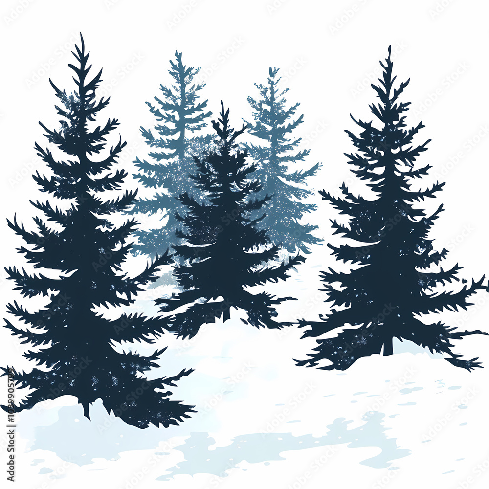 Obraz premium Winter forest silhouettes of fir trees and spruces with wood tree background.