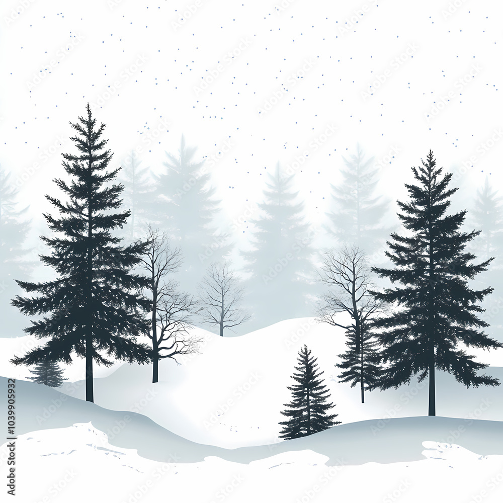Obraz premium Winter forest silhouettes of fir trees and spruces with wood tree background.
