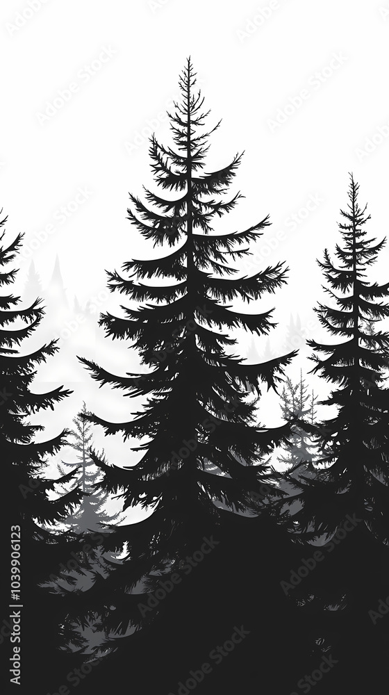 Fototapeta premium Winter forest silhouettes of fir trees and spruces with wood tree background.