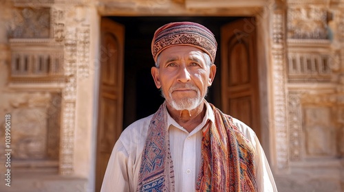 Elder Man Standing at Ancestral Entrance photo