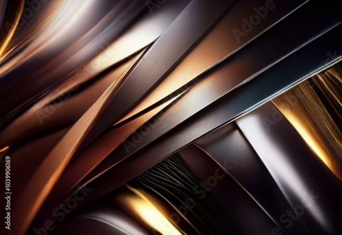 Abstract background with overlapping metallic strips in shades of gold, bronze, and black.