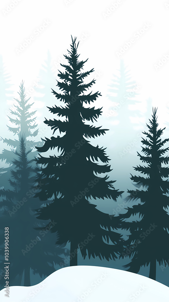 Fototapeta premium Winter forest silhouettes of fir trees and spruces with wood tree background.