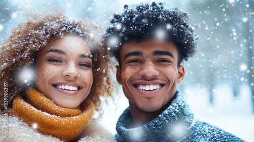 Joyful Couple Enjoying Snowfall in Winter Wonderland