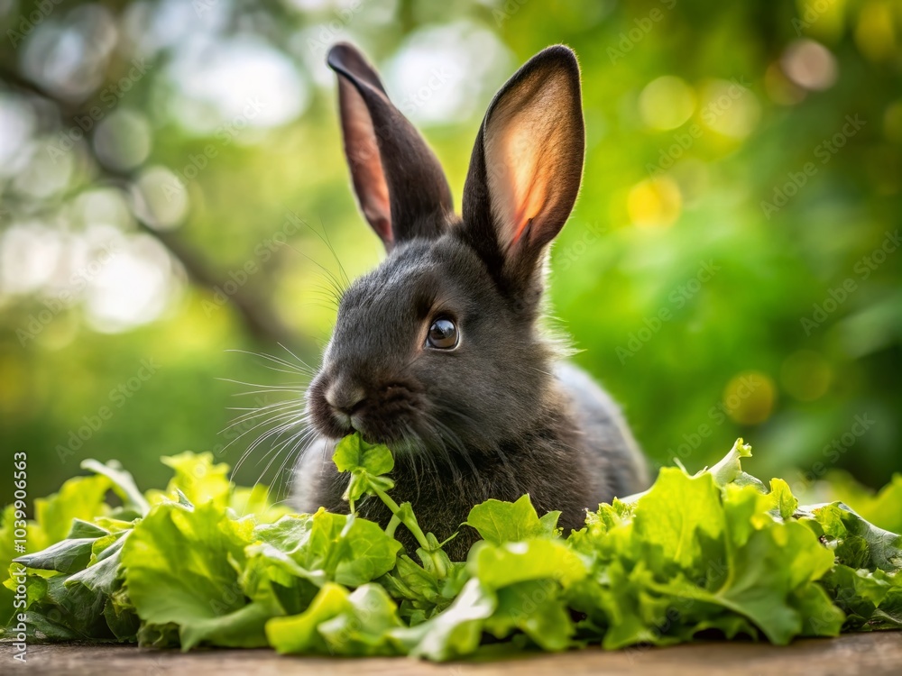 Cute Black Rabbit Enjoying Fresh Green Salad in a Double Exposure Style Cute Black Rabbit Enjoying Fresh Green Salad in a Double Exposure Style