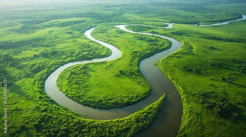 Captivating aerial shot of a winding river carving through a green landscape, highlighting nature's organic, flowing patterns Captivating aerial shot of a winding river carving through a green landscape, highlighting nature's organic, flowing patterns