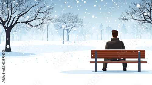 Solitary Man Contemplating on Park Bench in Serene Winter Landscape