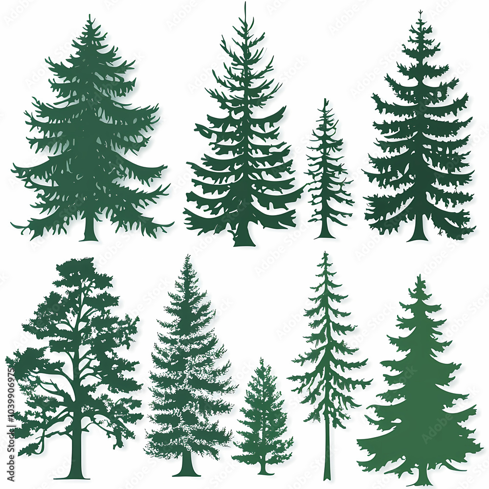 Obraz premium Winter forest silhouettes of fir trees and spruces with wood tree background.