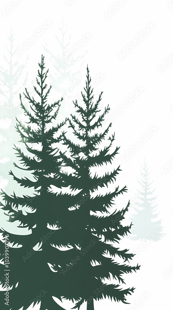 Fototapeta premium Winter forest silhouettes of fir trees and spruces with wood tree background.