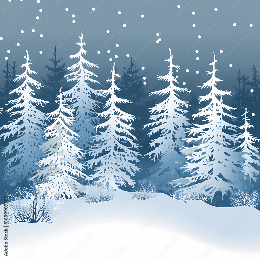 Obraz premium Winter forest silhouettes of fir trees and spruces with wood tree background.