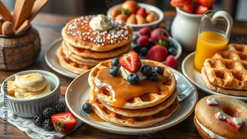 A delicious breakfast spread with waffles, pancakes, fruit, and a donut.