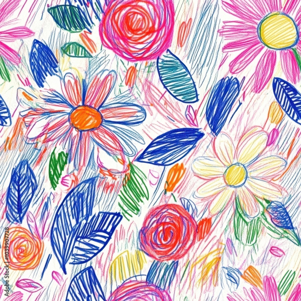 Vibrant Hand-Drawn Floral Pattern Illustration