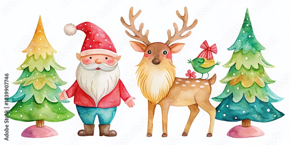 Cute Christmas Gnomes and Wooden Deer in Silhouette Style for Holiday Cards and Invitations Cute Christmas Gnomes and Wooden Deer in Silhouette Style for Holiday Cards and Invitations