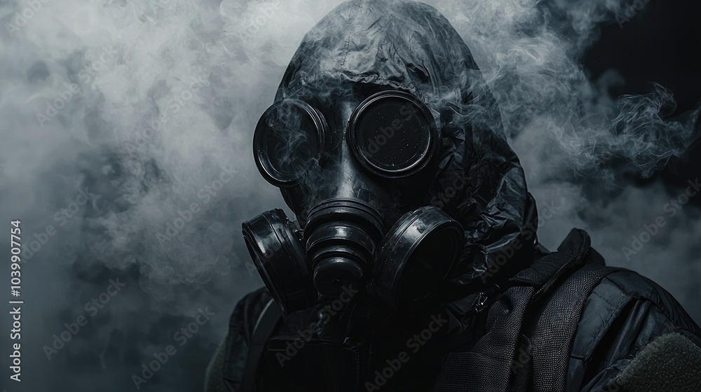 A person in a gas mask stands in a smoky, dark environment. A person in a gas mask stands in a smoky, dark environment.