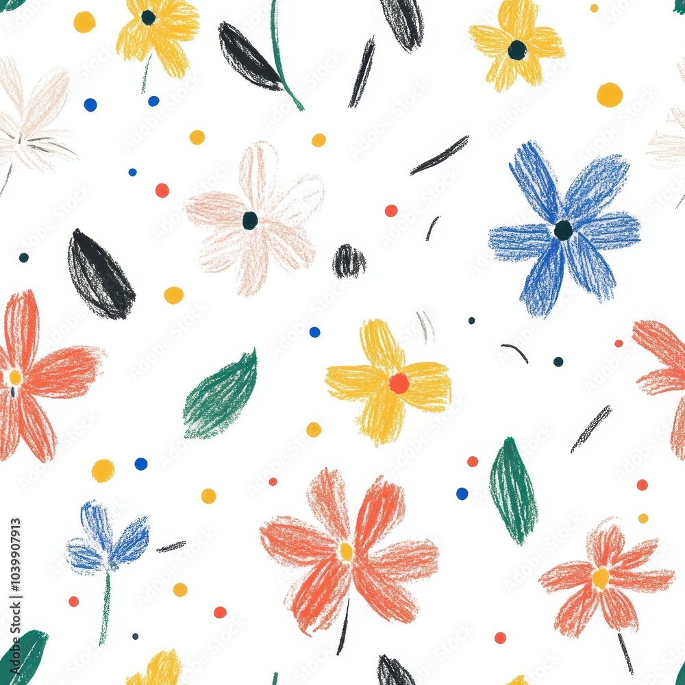 Whimsical Hand-Drawn Flowers and Dots Pattern in Bright Colors