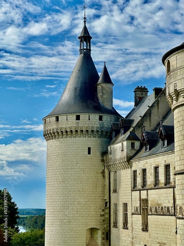 Close-Up of Chaumont-sur-Loire Castle Tower and Stone Walls with Scenic Views of the Loire River and Verdant Landscape Under a Picturesque Sky photo