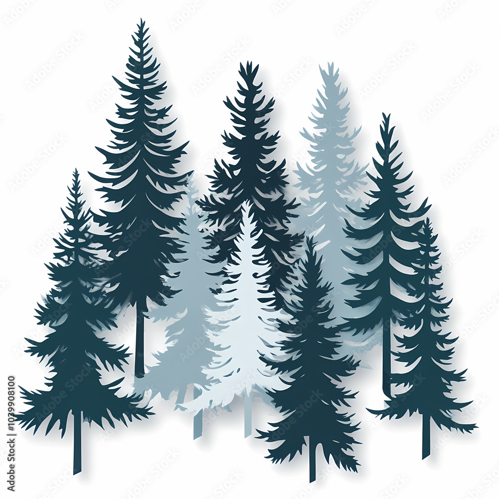Obraz premium Winter forest silhouettes of fir trees and spruces with wood tree background.