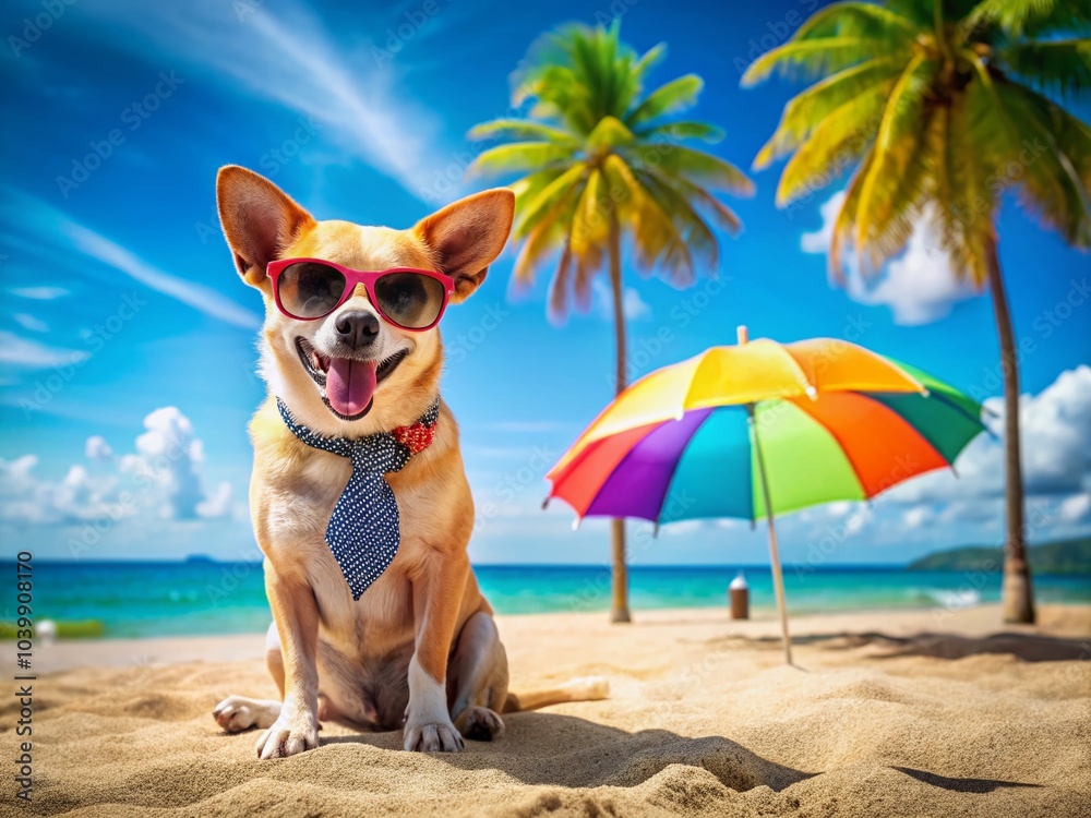 Cute Dog in Sunglasses Enjoying Summer Vacation in a Beautiful Landscape Setting Cute Dog in Sunglasses Enjoying Summer Vacation in a Beautiful Landscape Setting