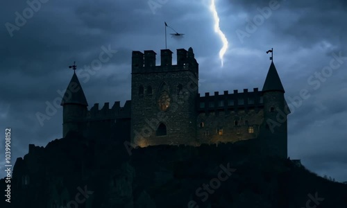 A medieval castle stands majestically against the night sky, showcasing its ancient architecture and historical significance in a European landscape