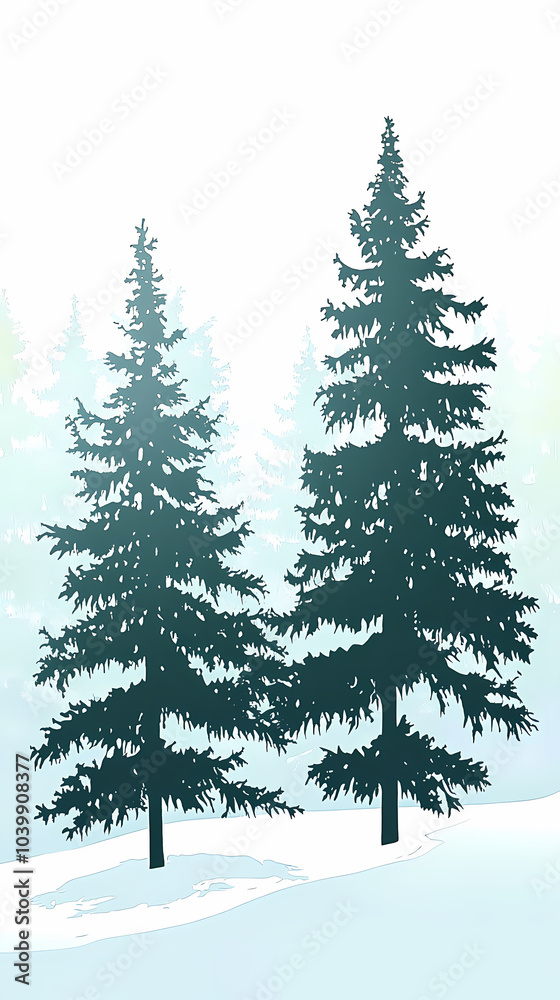 Obraz premium Winter forest silhouettes of fir trees and spruces with wood tree background.