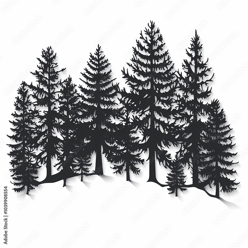 Obraz premium Winter forest silhouettes of fir trees and spruces with wood tree background.