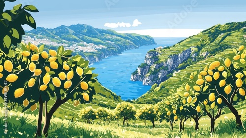 Idyllic Mediterranean Coastal Landscape with Lemon Groves