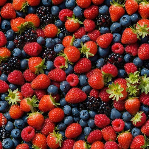 Various fresh berries including strawberries, blueberries, blackberries, and raspberries arranged in colorful pattern