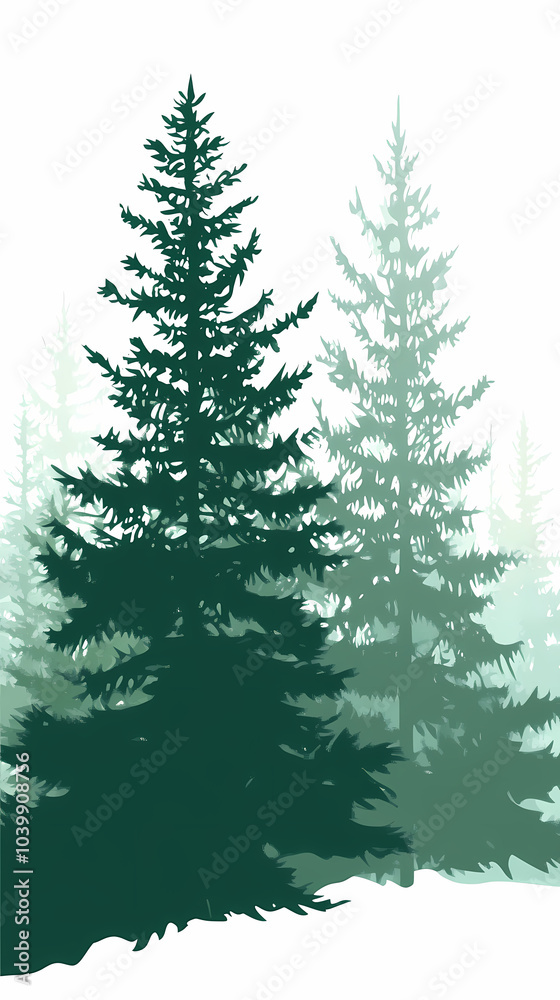 Obraz premium Winter forest silhouettes of fir trees and spruces with wood tree background.