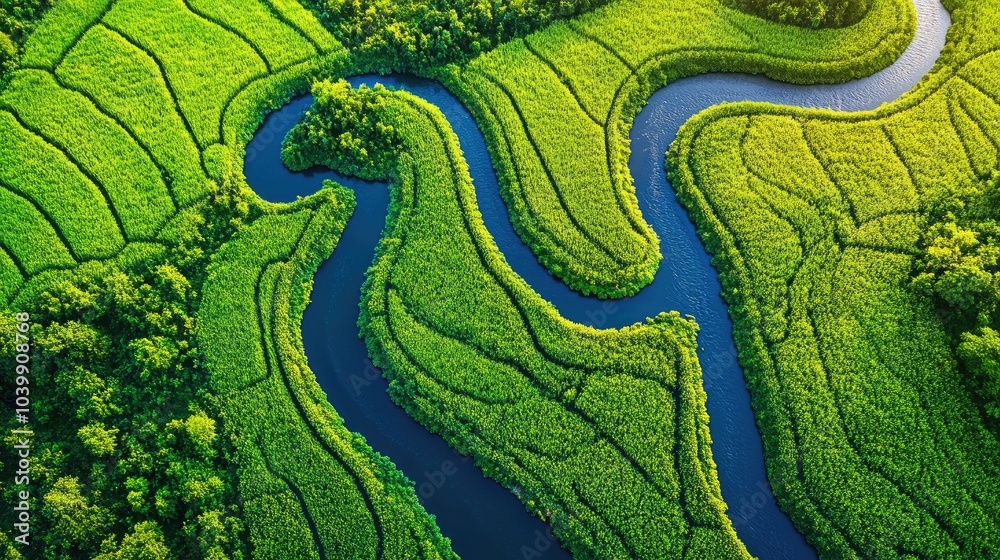 Obraz premium Aerial view of a serpentine river cutting through lush fields, highlighting the intricate beauty of nature's green and blue patterns
