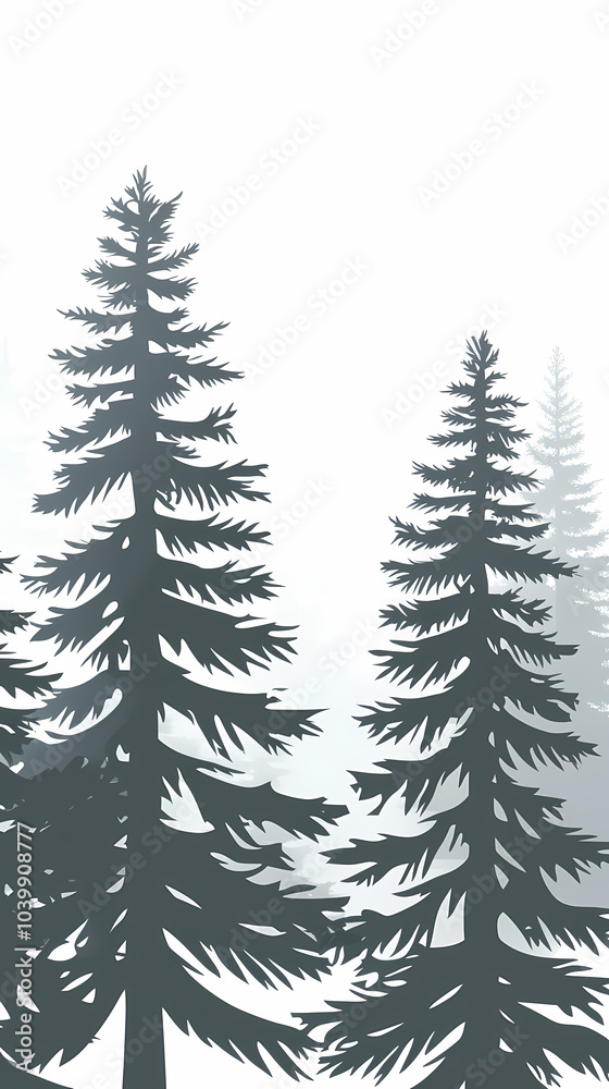 Obraz premium Winter forest silhouettes of fir trees and spruces with wood tree background.