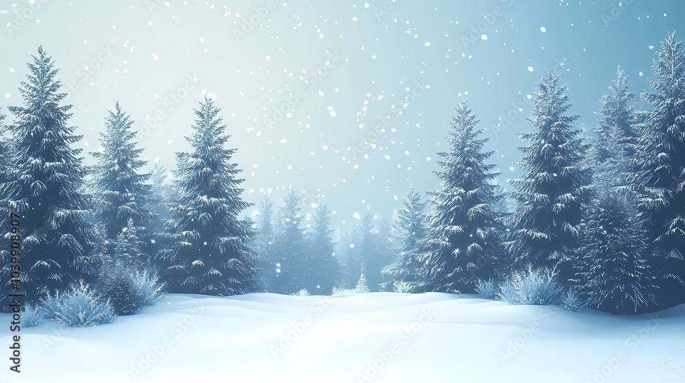 Fototapeta premium Winter forest silhouettes of fir trees and spruces with wood tree background.