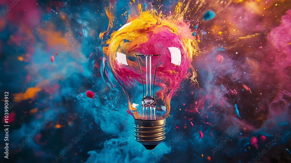 Light bulb with colorful paint splashes representing creativity and innovation.