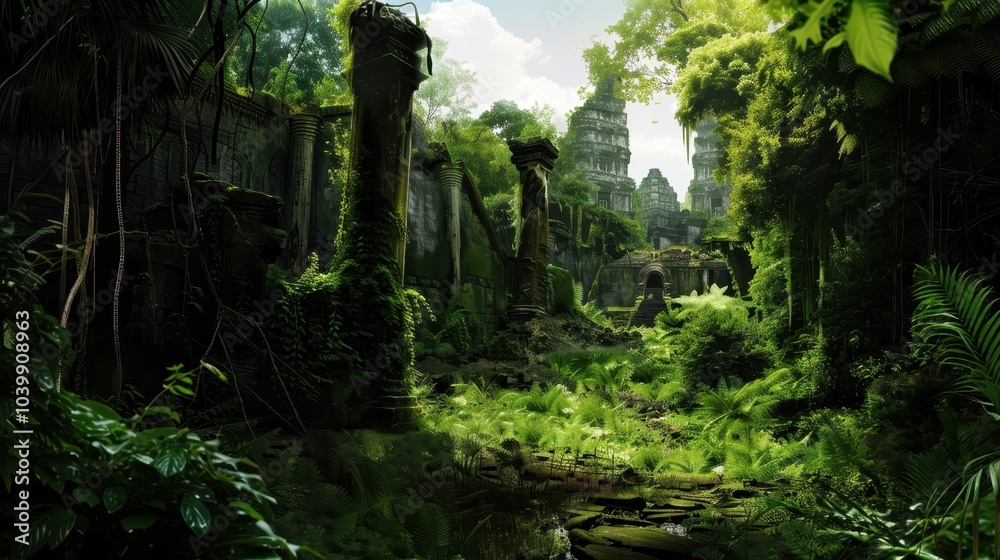Obraz premium Ancient Ruins Surrounded by Lush Jungle Vegetation