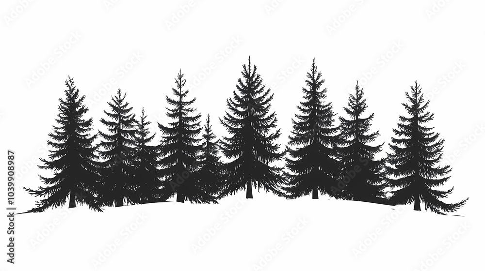 Obraz premium Winter forest silhouettes of fir trees and spruces with wood tree background.