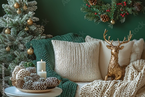 White square pillow mockup with a gold deer figurine and a Christmas tree, green wall background
