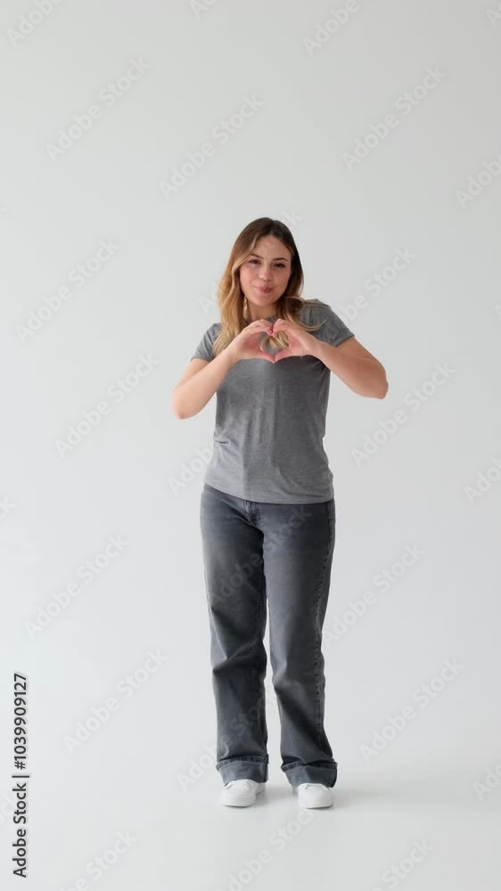 Joyful Caucasian young adult woman showing heart shape, standing on white background. Flirt, passion and romance concept. Vertical video. Joyful Caucasian young adult woman showing heart shape, standing on white background. Flirt, passion and romance concept. Vertical video.