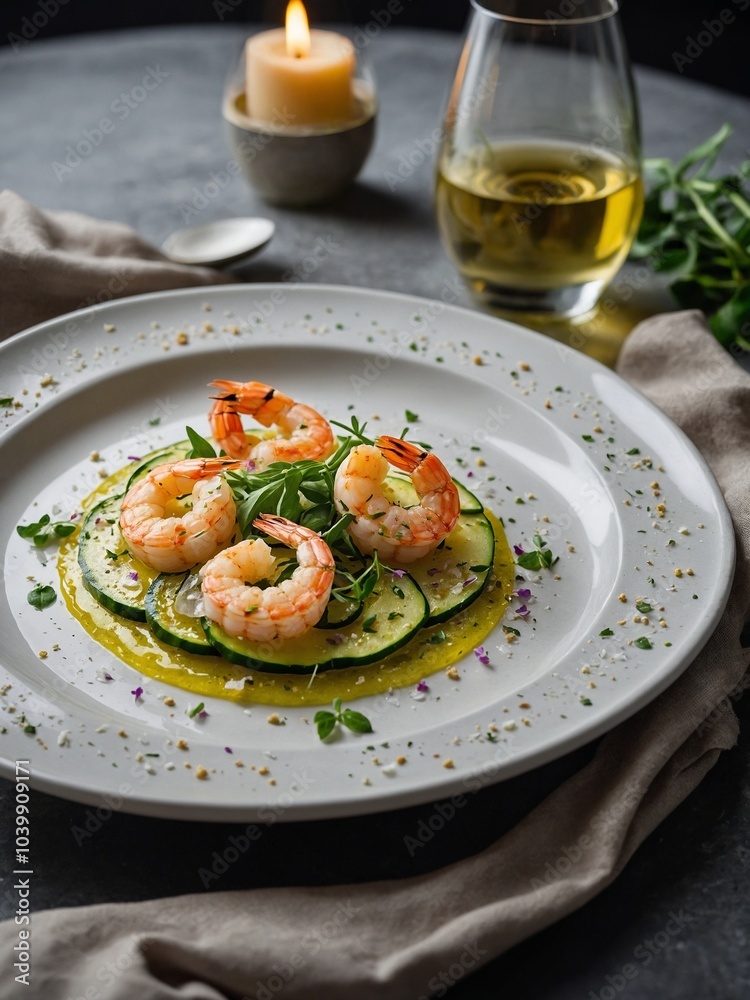 Grilled shrimp on bed of zucchini noodles, garnished with fresh herbs and drizzled with olive oil Grilled shrimp on bed of zucchini noodles, garnished with fresh herbs and drizzled with olive oil