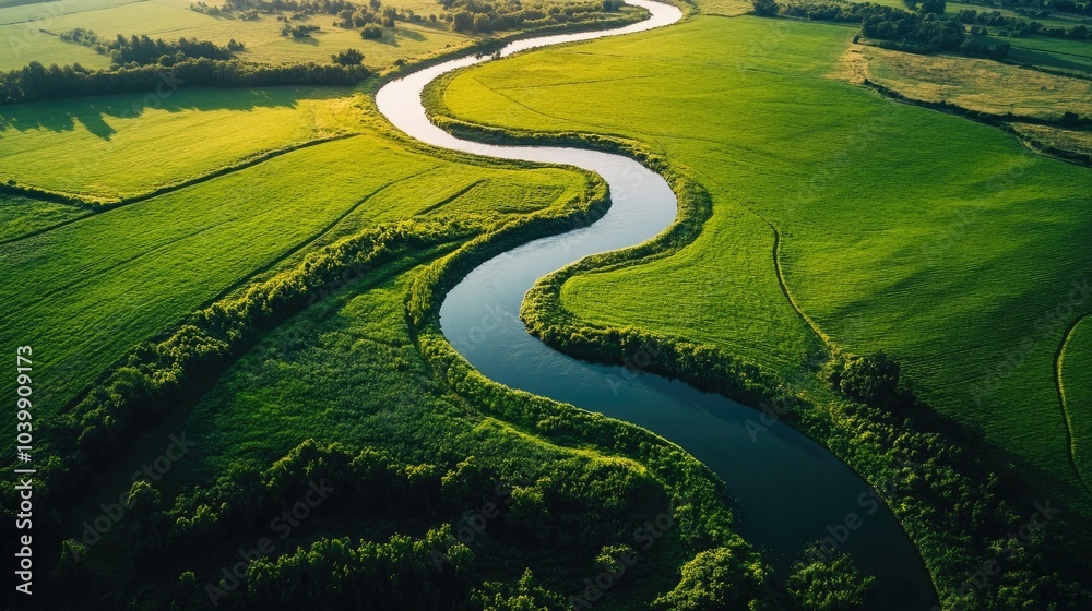 Aerial view of a winding river snaking through lush green fields, forming beautiful natural patterns. Aerial view of a winding river snaking through lush green fields, forming beautiful natural patterns.