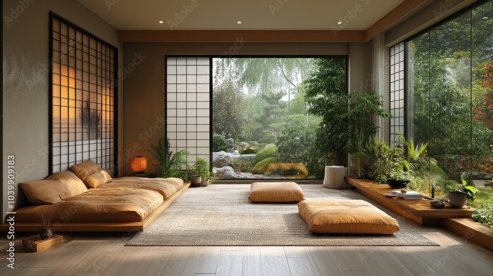 Serene interior with natural light and garden view for relaxation. Serene interior with natural light and garden view for relaxation.