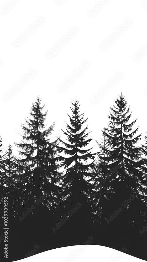 Obraz premium Winter forest silhouettes of fir trees and spruces with wood tree background.