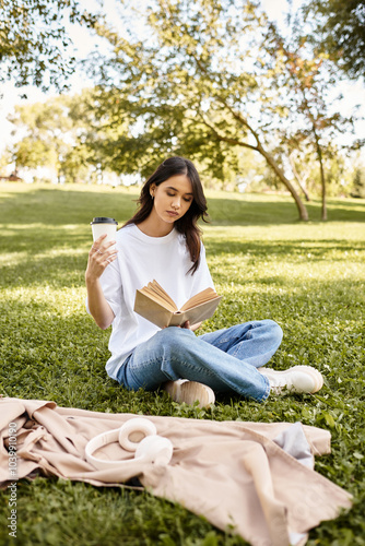 A young woman reads intently while sipping coffee in a tranquil park during autumn.